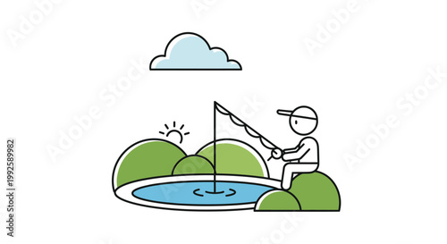 Man in cap fishing by pond.