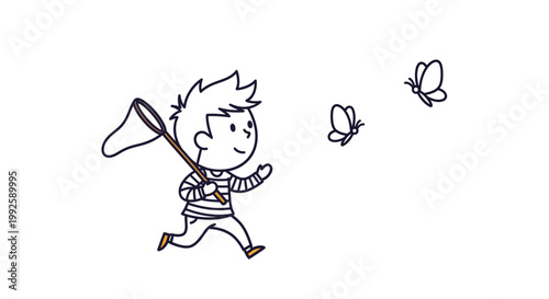 Boy chasing butterflies with net outdoors.