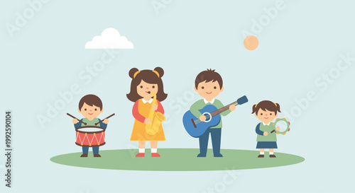 Children Playing Musical Instruments Together.