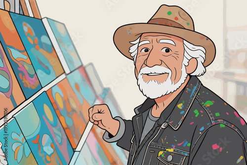 Elderly artist stands next to colorful paintings in a studio during a sunny afternoon showcasing his creative works