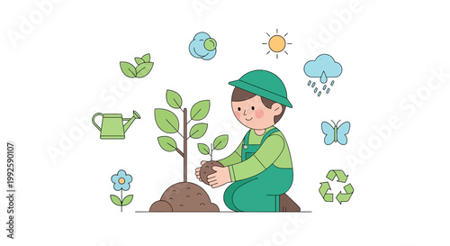 Boy planting green small tree sapling.