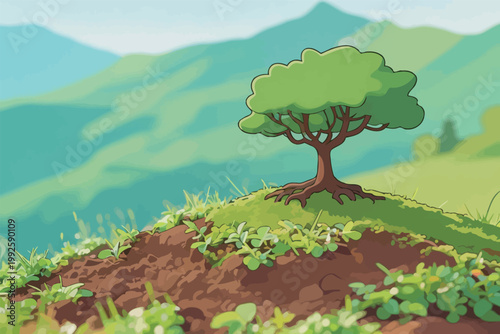 Green tree stands on a hillside with mountains in the background during daytime in a cartoon style