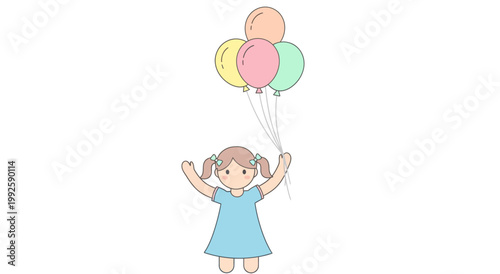 Little girl holding colorful balloons high.