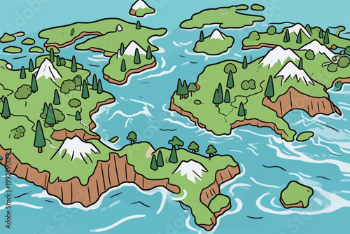 Map shows various islands and mountains in a cartoon style with clear blue water surrounding land areas during sunny weather