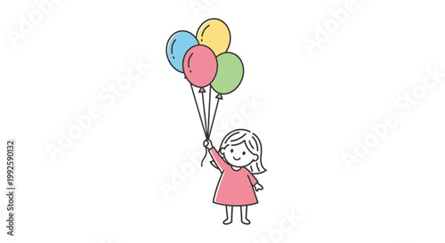 Little girl holding colorful balloons high.
