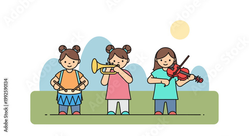 Three Girls Playing Musical Instruments Outdoors.