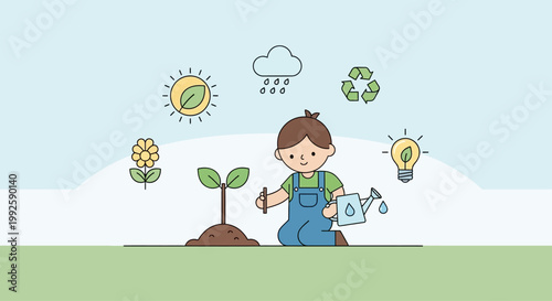 Child Watering Small Green Plant.