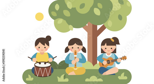 Three girls playing musical instruments outdoors.