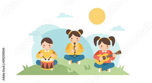 Three girls playing musical instruments outdoors.