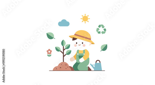 Cartoon bear planting green tree.