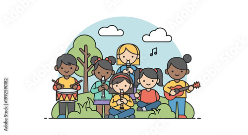 Diverse group of children playing music.