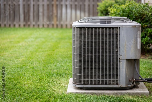 Outdoor central air conditioning unit in residential backyard