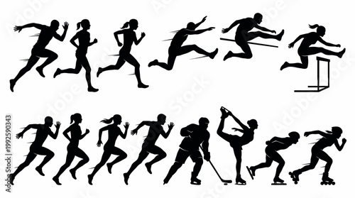 Canvas Print Dynamic sport action silhouettes of running, hurdle race, and roller skating, isolated white background