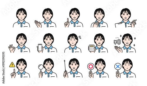 ポロシャツ姿の若い女性スタッフのビジネス向け表情アイコンセット