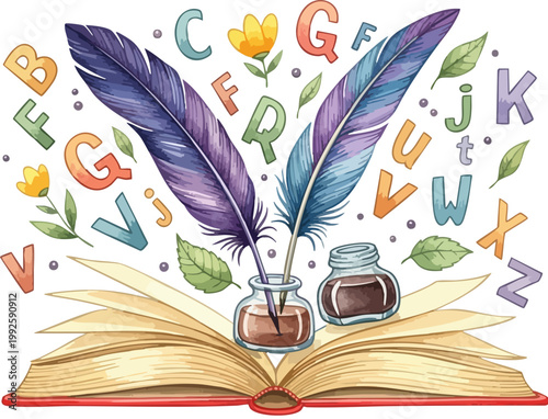Watercolor vintage quill and inkwell illustration, open book with flying alphabet letters, whimsical storytelling and literature vector art