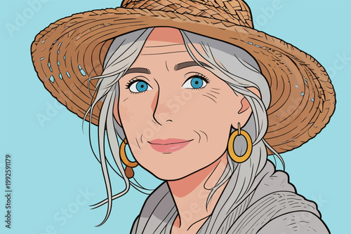 Woman with gray hair and a straw hat smiles at the camera in a bright setting while wearing earrings