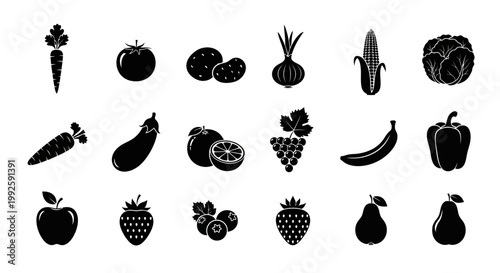 Set of Common Black Silhouette Icons of Fruits and Vegetables on Isolated White Background