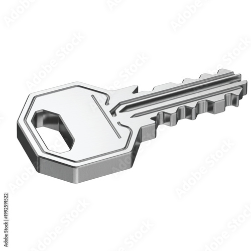 A single silver house key with intricate teeth design is prominently displayed on a clean white surface
