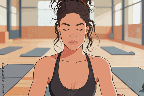 Girl practices yoga indoors at a studio with mats and natural light during a daytime class focused on mindfulness and relaxation