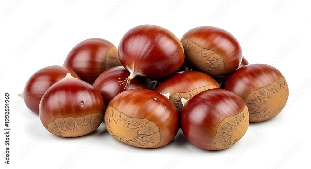 Obraz premium Close up of fresh chestnuts on white background ready for harvest