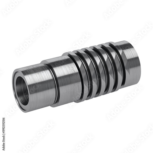 A sleek cylindrical metal component features a series of precise grooves along its robust metallic body