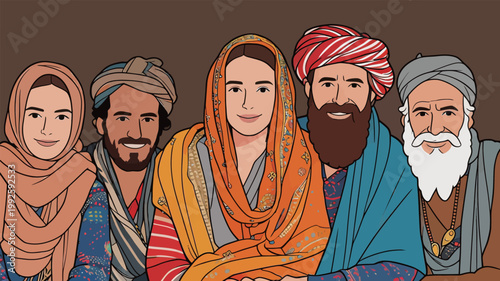 Group of people from different backgrounds posing together in traditional clothing for a community event in a warm setting during the day