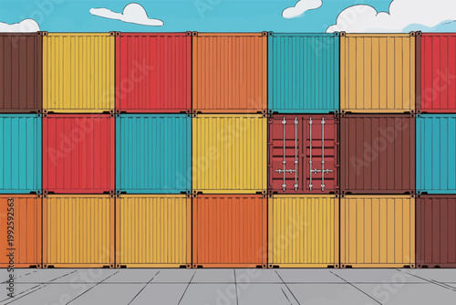 Colorful shipping containers stacked in a warehouse during bright daytime with blue sky and clouds