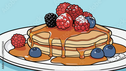 Pancakes with berries and syrup on a white plate against a light blue background