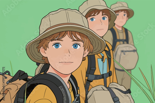 Group of children exploring nature during the daytime in a green area with backpacks and hats on their heads