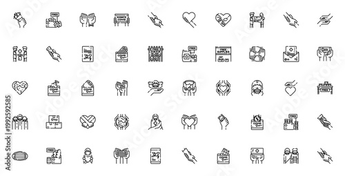 Kindness icon set. Humanitarian vector symbols pack. Includes donation, helping hand, medical aid, charity, care and more. Editable stroke.
