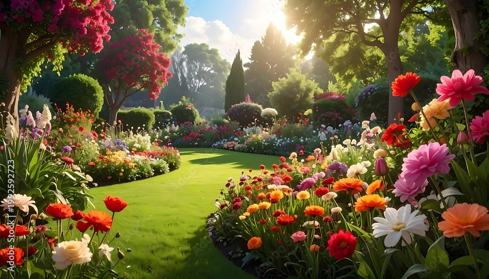 Fototapeta premium A vibrant garden scene with lush greenery