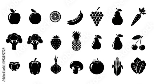 Comprehensive Set of Fruit and Vegetable Black Silhouette Icons on Isolated White Background