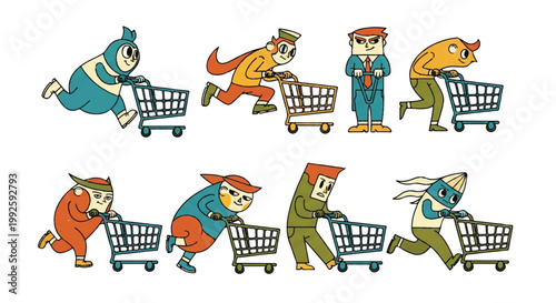 Cartoon characters racing with shopping carts isolated on white background