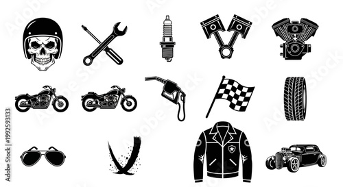 Motorcycle and Automotive Mechanic Tools Lifestyle Icons Set in Black Silhouette on Isolated White Background