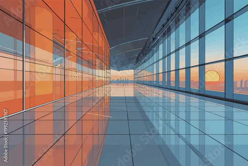 Sunset view from a modern corridor with large glass windows overlooking a city skyline