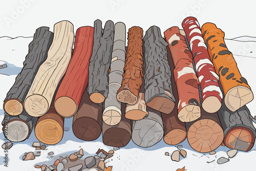 Different kinds of logs arranged on the ground in a natural setting during daylight hours