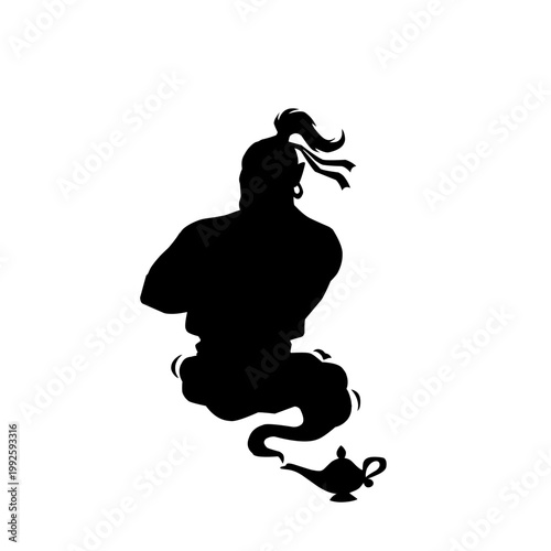 Magic genie silhouette emerging from lamp illustration isolated on white background. Fantasy character concept representing wishes, magic, and storytelling theme