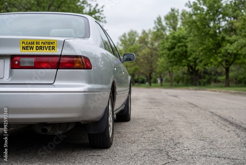 Silver sedan is displaying a yellow bumper sticker that reads Please Be Patient New Driver.