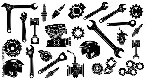 Black silhouette vector set of mechanic tools and motorcycle parts, industrial repair and garage equipment, isolated white background.