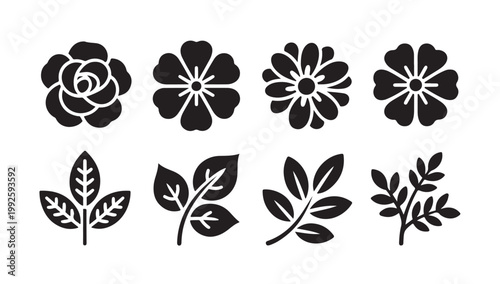 Floral elements vector set with roses and decorative leaves artistic botanical design.