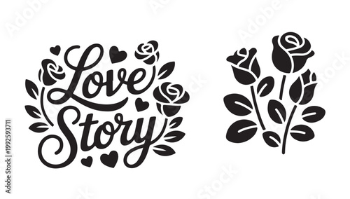 Love story calligraphy with roses hearts graphic design elements vector.