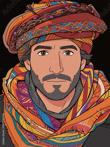 Man wearing colorful turban and shawl stands against a dark background with a thoughtful expression on his face