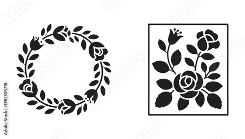Rose wreath and floral square design elements black and white vector.