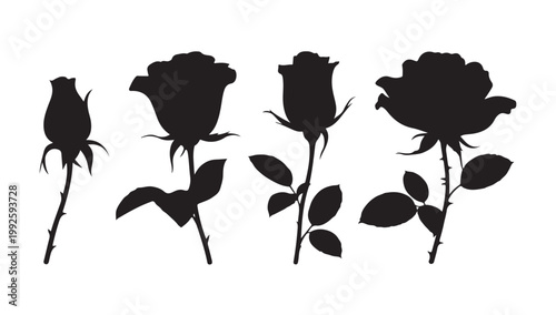 Silhouette collection of black roses in different stages of bloom vector.