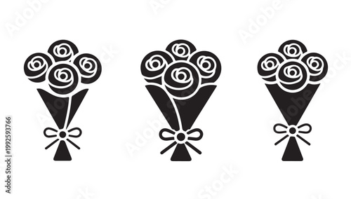 Rose bouquet icons for wedding celebration and romantic florist shop branding logo elements.