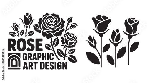 Rose graphic art design collection featuring long stem flowers and artistic floral emblems.
