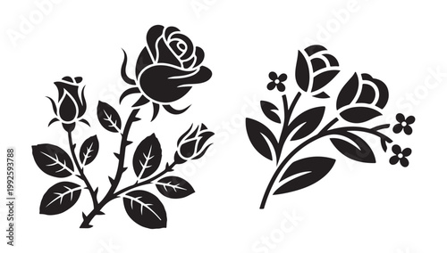Black rose flower bouquet silhouette white background vector illustration.