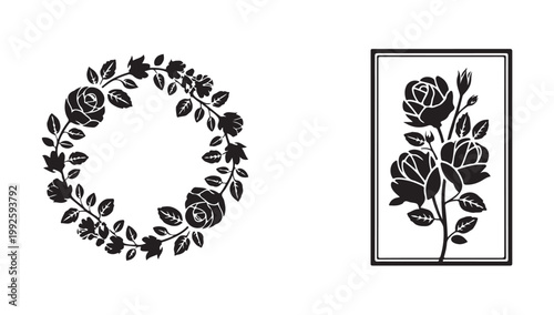 Black rose floral wreath frame on white background vector illustration graphic.
