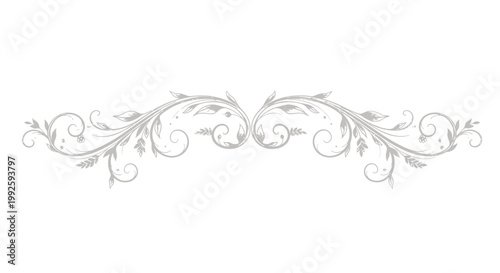 Subtle silver vintage floral scroll border, delicate decorative design element, isolated white background.