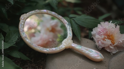 Antique mother-of-pearl handled mirror reflecting soft pink flowers, an elegant vintage accessory.